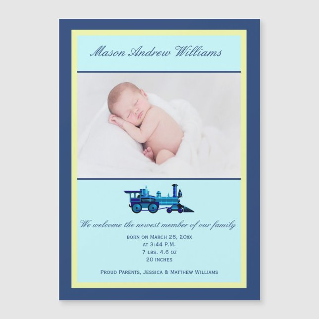 Train bleu et jaune | Faire-part de naissance phot (Devant)