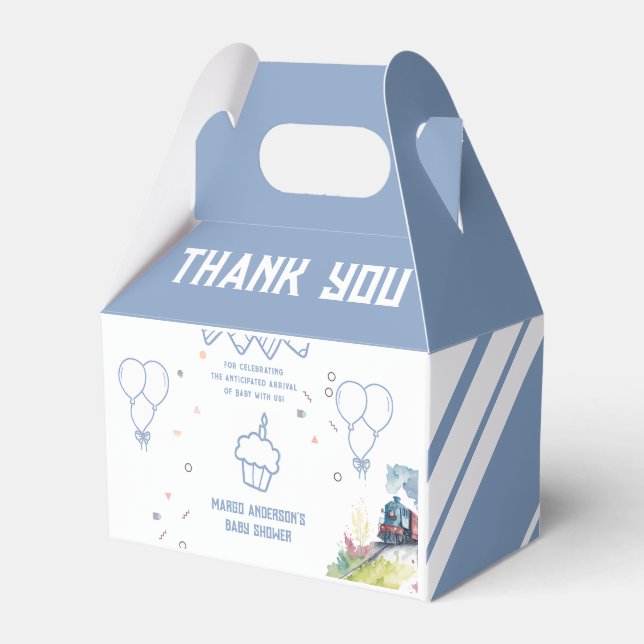 Train Blue Balloons Boy Whimsical Baby Shower Favor Box (Front Side)
