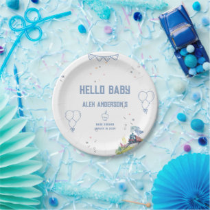 Train Blue Balloons Boy Whimsical Baby Shower Paper Plate