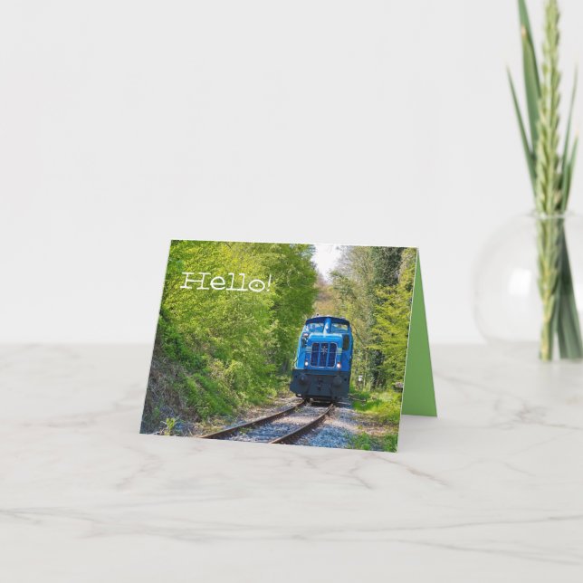 Train Blue Locomotive Hello Photo Blank Note Card (Front)