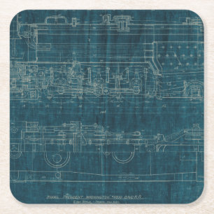 Train Blueprint I Square Paper Coaster
