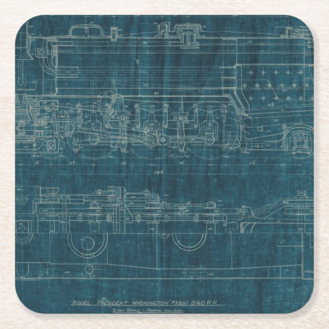 Train Blueprint I Square Paper Coaster (Front)