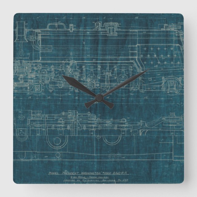 Train Blueprint I Square Wall Clock (Front)
