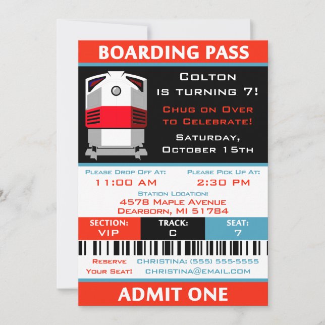 Train Boarding Pass Ticket Birthday Party  Invitation (Front)