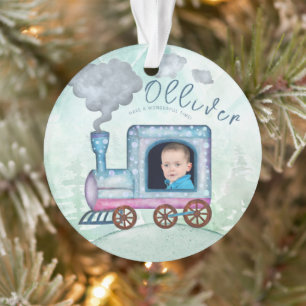Train Choo Choo All aboard Birthday photo Ornament