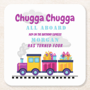 Train Chugga Choo Cartoon Any Age Birthday  Square Paper Coaster