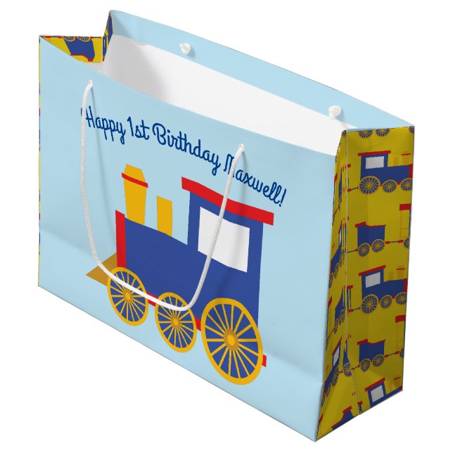 Train Cute Choo-Choo 1st Birthday Party Theme Large Gift Bag (Front Angled)