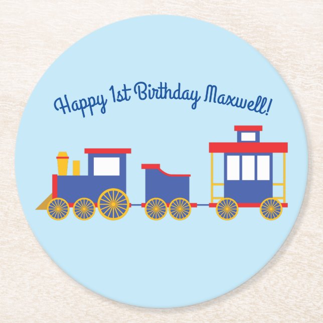 Train Cute Choo-Choo 1st Birthday Party Theme Round Paper Coaster (Front)