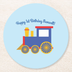 Train Cute Choo-Choo 1st Birthday Party Theme Round Paper Coaster