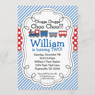 Train Engine, Baby Blue Stripes Red Polka Dots Invitation