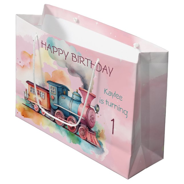 Train Engine Girl 1st Birthday  Large Gift Bag (Front Angled)