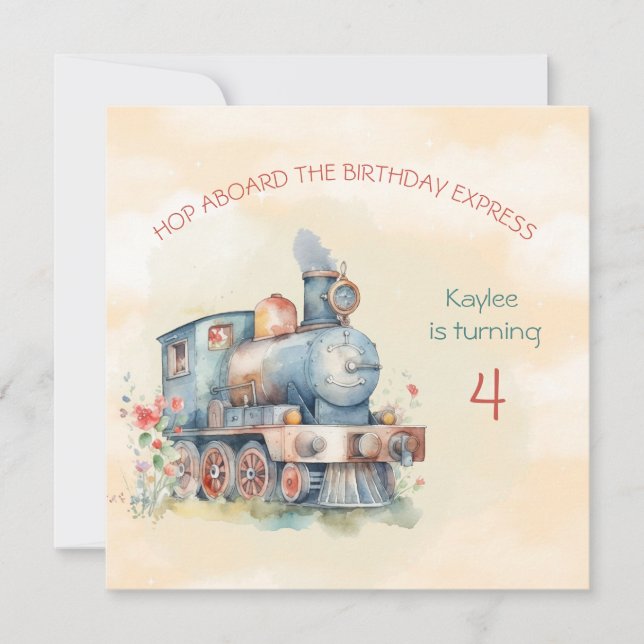 Train Engine Girl 4th Birthday Invitation  (Front)