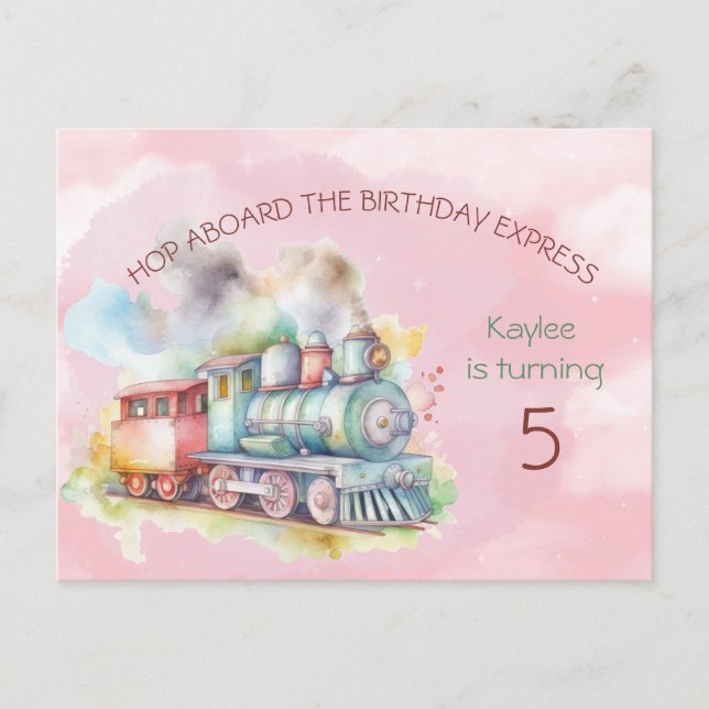 Train Engine Girl 5th.  Birthday Invitation Postcard (Front)