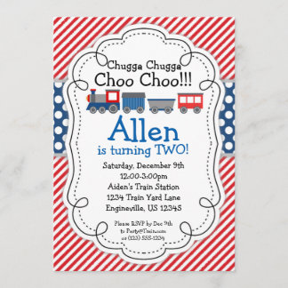 Train Engine, Red Stripes Blue Polka Dot Birthday Invitation