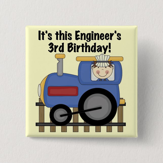 Train Engineer 3rd Birthday Tshirts and Gifts 2 Inch Square Button (Front)