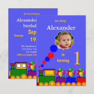 Train et ballons Invitation photo 1er anniversaire