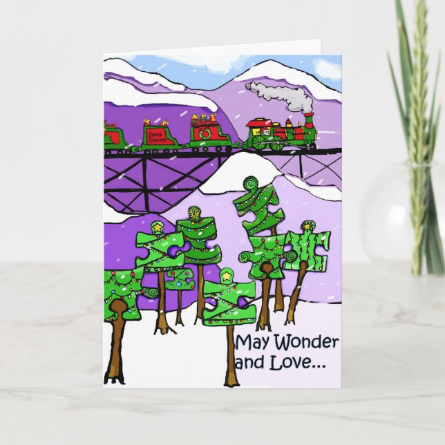 Train et puzzle arbres Noël Carte autisme (Devant)