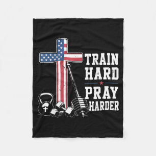 Train Hard Pray Harder Christian Workout Patriotic Fleece Blanket