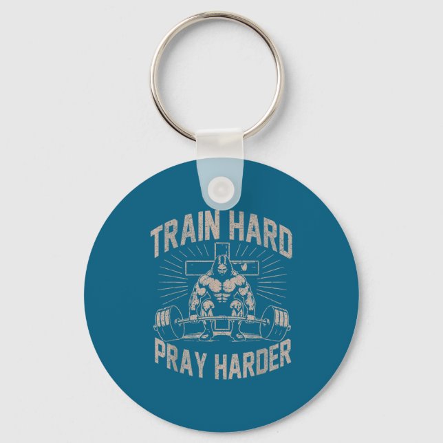 Train Hard Pray Harder Funny Christian Workout Gym Keychain (Front)