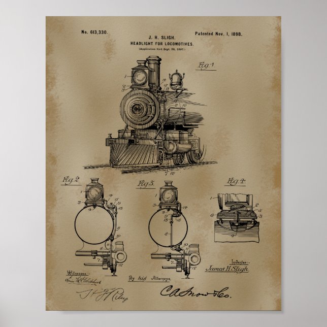 Train Headlight Patent Drawing Poster (Front)