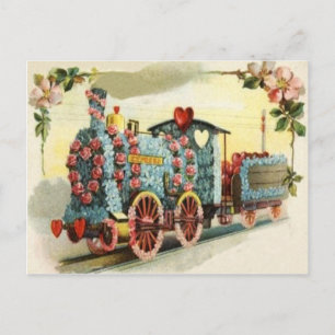 Train Heart Rose Forget-Me-Not Flower Postcard