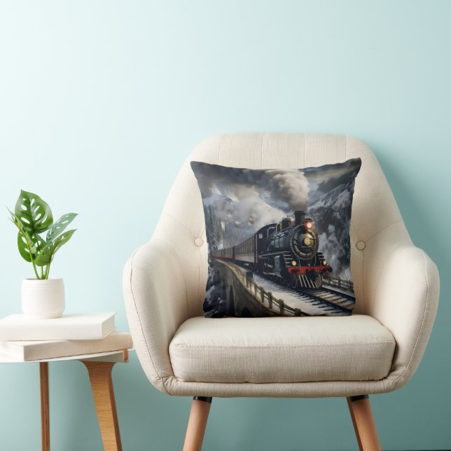 Train in Mountains Throw Pillow (Chair)