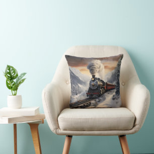 Train in Snowy Mountains Throw Pillow