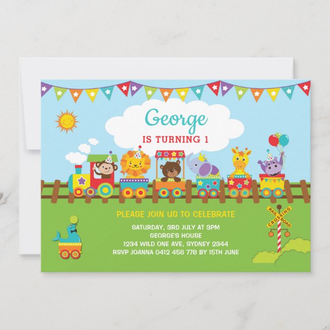Train Jungle Animals 1st Birthday Safari Wild One Invitation (Front)