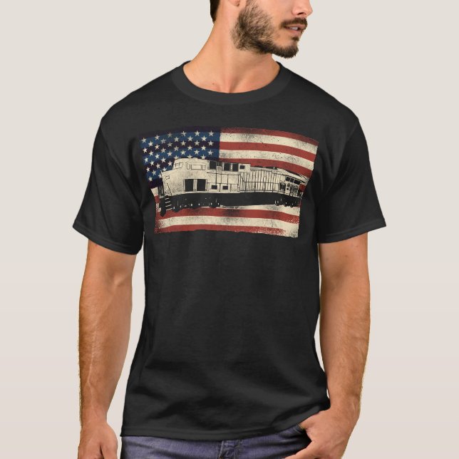 Train Locomotive Diesel Train American Flag T-Shirt (Front)