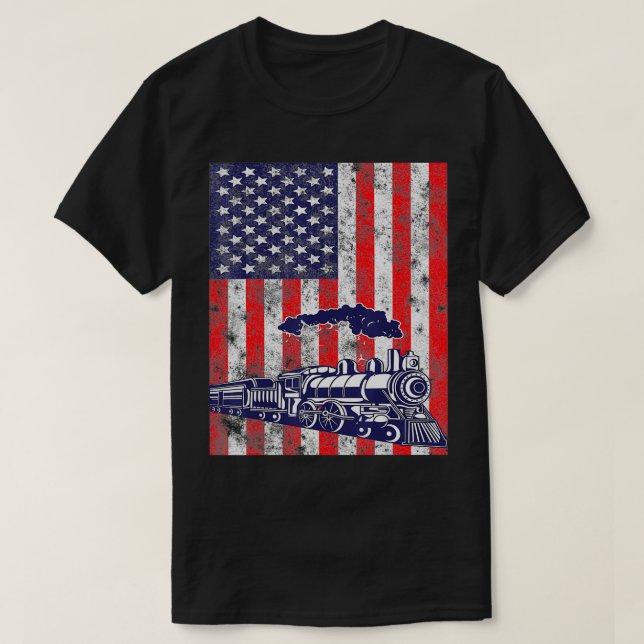 Train Locomotive Engine USA American Flag 4th of J T-Shirt (Design Front)