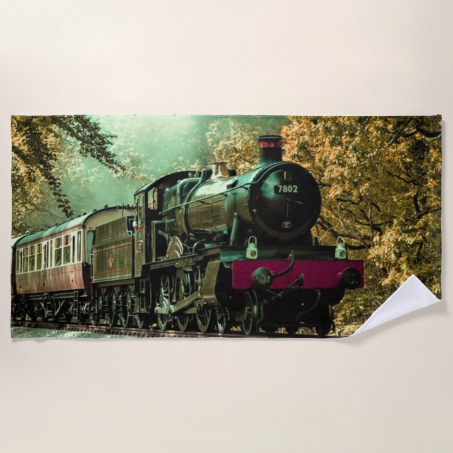 Train Locomotive Retro Vintage Fall Leaves Beach Towel (Front)