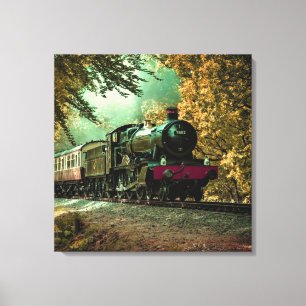 Train Locomotive Retro Vintage Fall Leaves Canvas Print