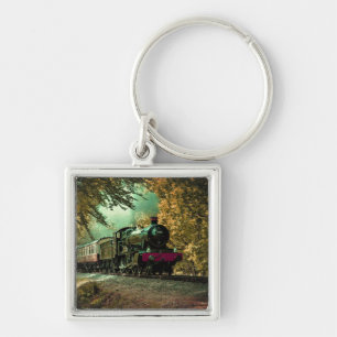 Train Locomotive Retro Vintage Fall Leaves Keychain