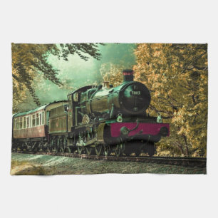 Train Locomotive Retro Vintage Fall Leaves Kitchen Towel