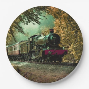 Train Locomotive Retro Vintage Fall Leaves Paper Plate