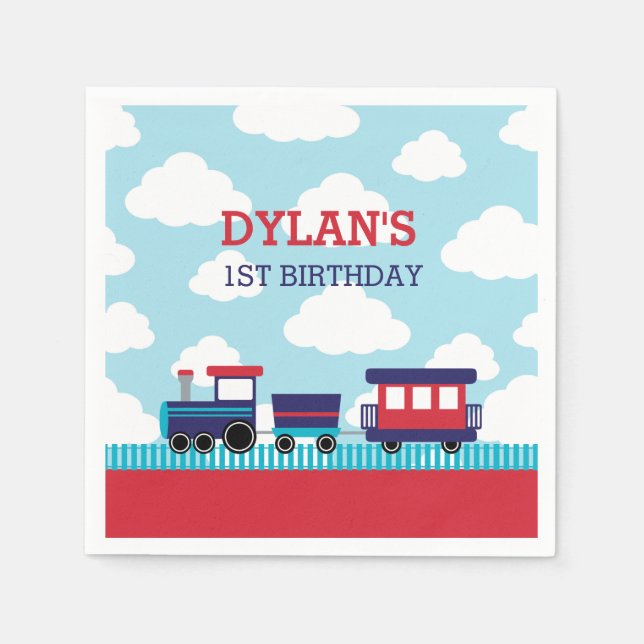 Train Napkins (Navy & Red) - Boys Kids Birthday (Front)
