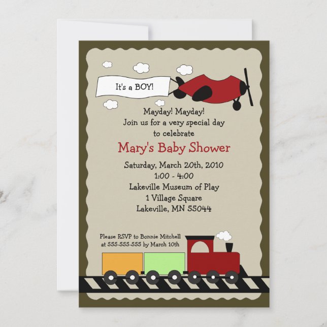 Train & Plane 5x7 mignon invitation Baby shower ga (Devant)