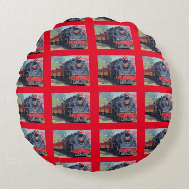 'Train Print' Childs Room Decor Round Pillow (Front)