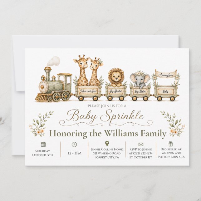 Train Safari Two Siblings Baby Sprinkle Invite (Front)