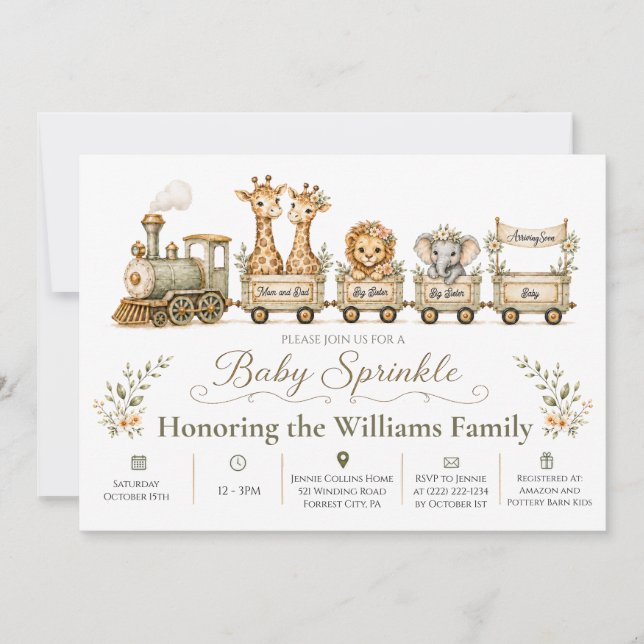 Train Safari Two Siblings Baby Sprinkle Invite (Front)