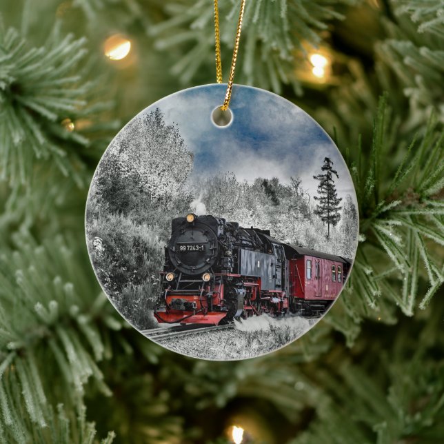 Train Snow Photo Ceramic Ornament (Tree)