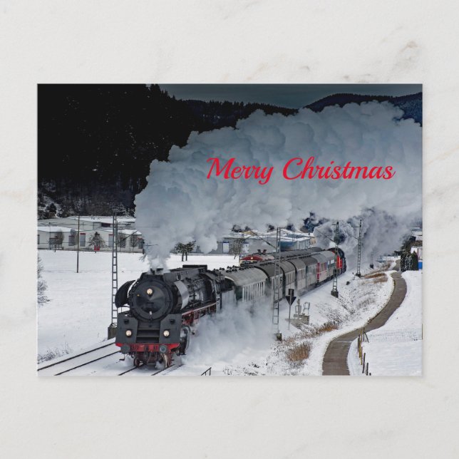 Train Steam Locomotive Snow Photo Christmas Postcard (Front)