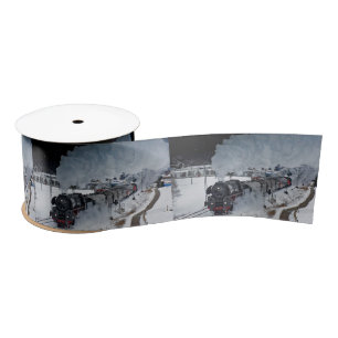 Train Steam Locomotive Snow Photo Satin Ribbon
