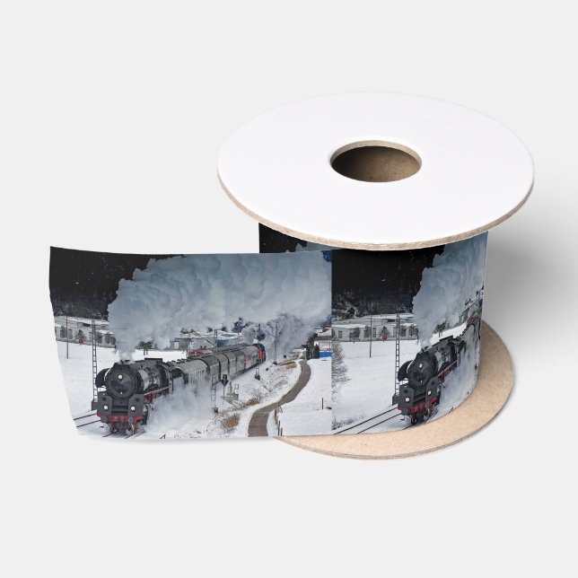Train Steam Locomotive Snow Photo Satin Ribbon (Spool)