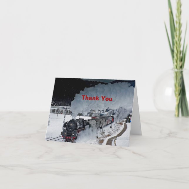 Train Steam Locomotive Snow Photo Thank You Card (Front)