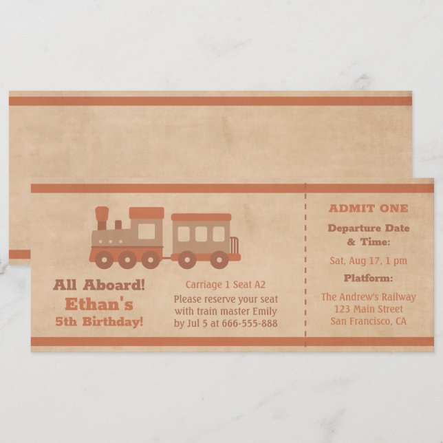 Train Ticket Boarding Pass Kids Birthday Invitation (Front/Back)