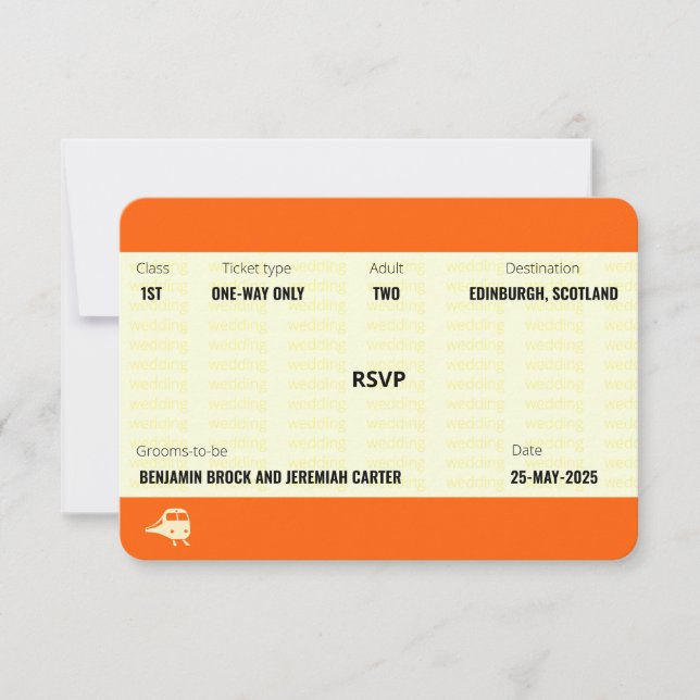 Train Ticket Inspired | Gay Wedding RSVP Card (Front)