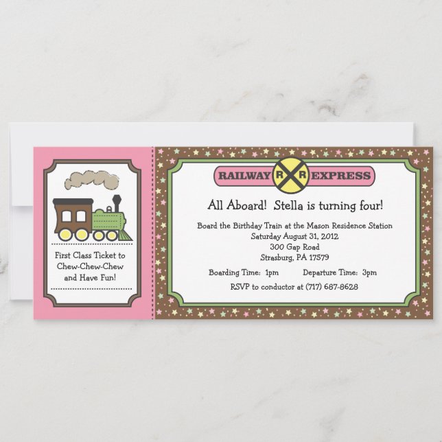 Train Ticket Invite - Pink & Brown (Front)