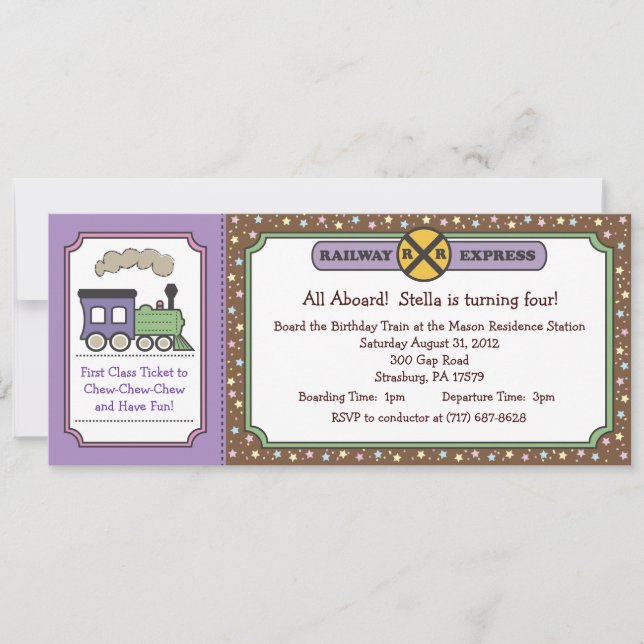 Train Ticket Invite - Purple & Brown (Front)
