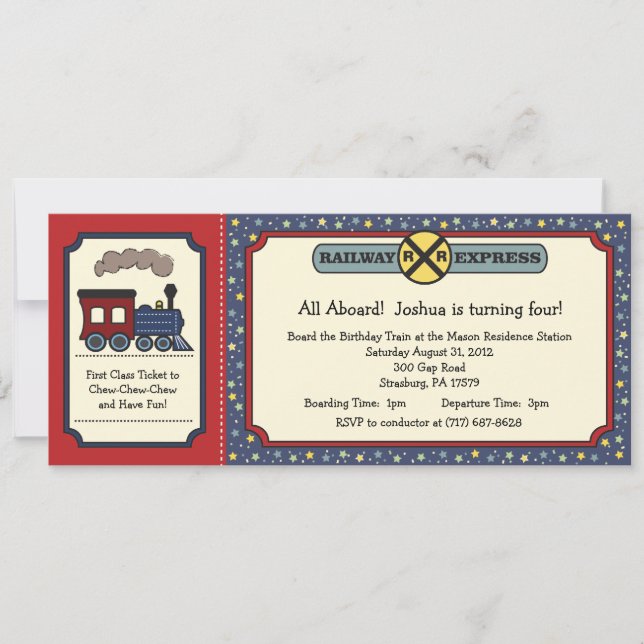 Train Ticket Invite - Rustic Red & Blue (Front)